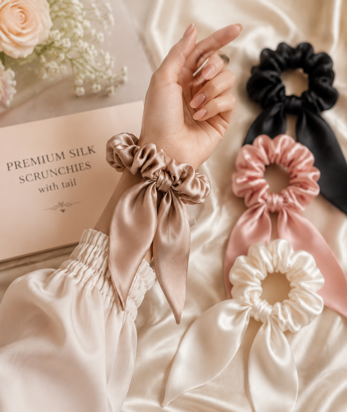 Premium Silk Scrunchies with Tail - Image 4