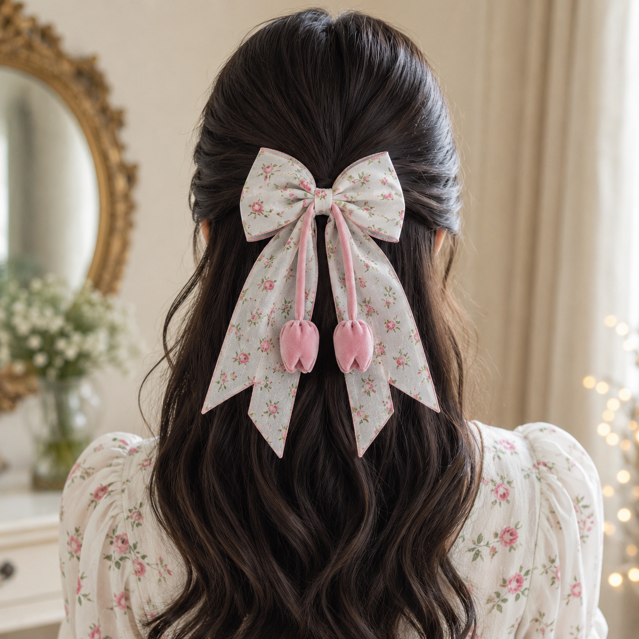 Premium Printed Cotton Tulip Hair Bow Clip - Image 2