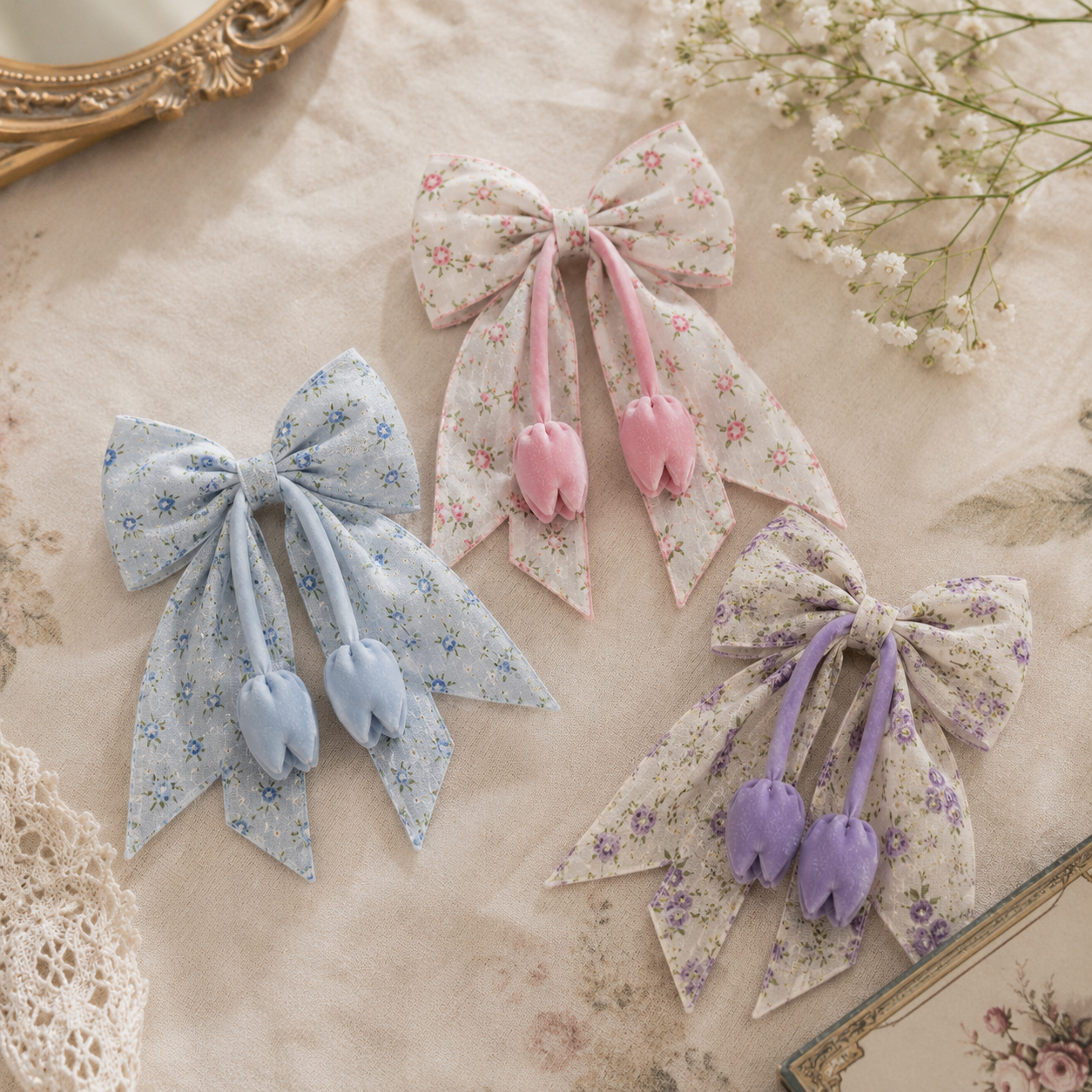 Premium Printed Cotton Tulip Hair Bow Clip - Image 3