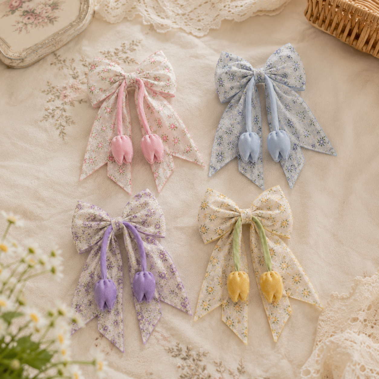 Premium Printed Cotton Tulip Hair Bow Clip - Image 4