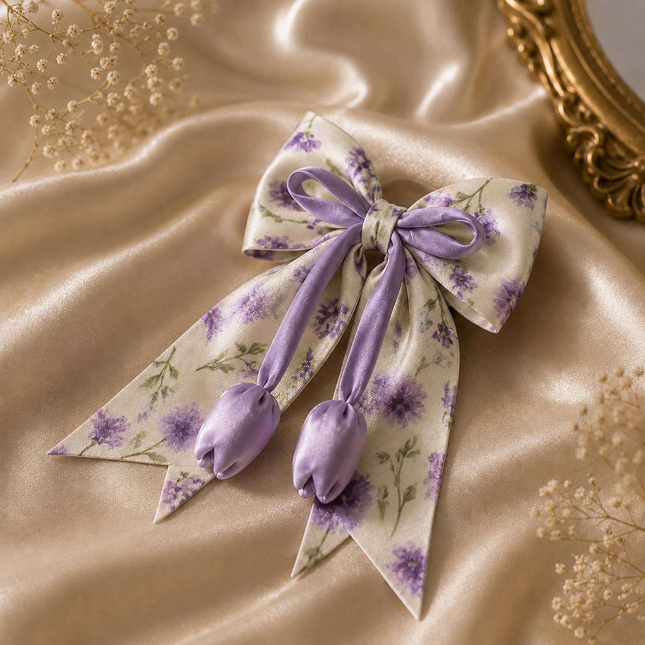 Printed Silk Floral Hair Bow with Tulip Tassel - Image 2