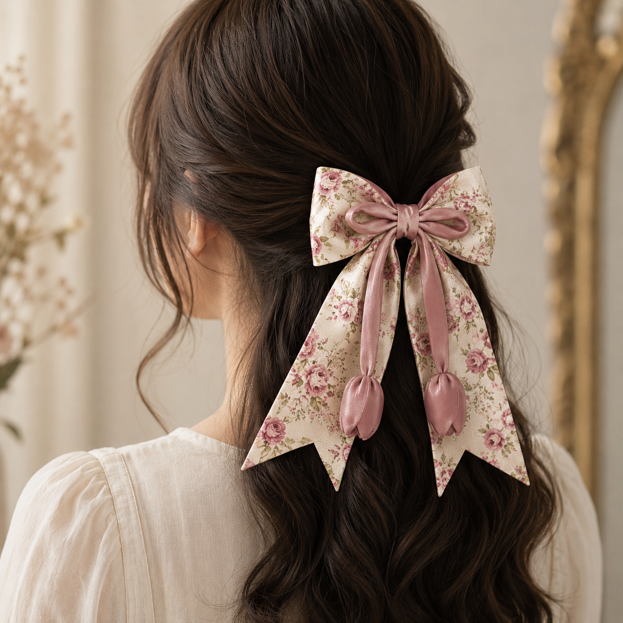 Printed Silk Floral Hair Bow with Tulip Tassel - Image 3