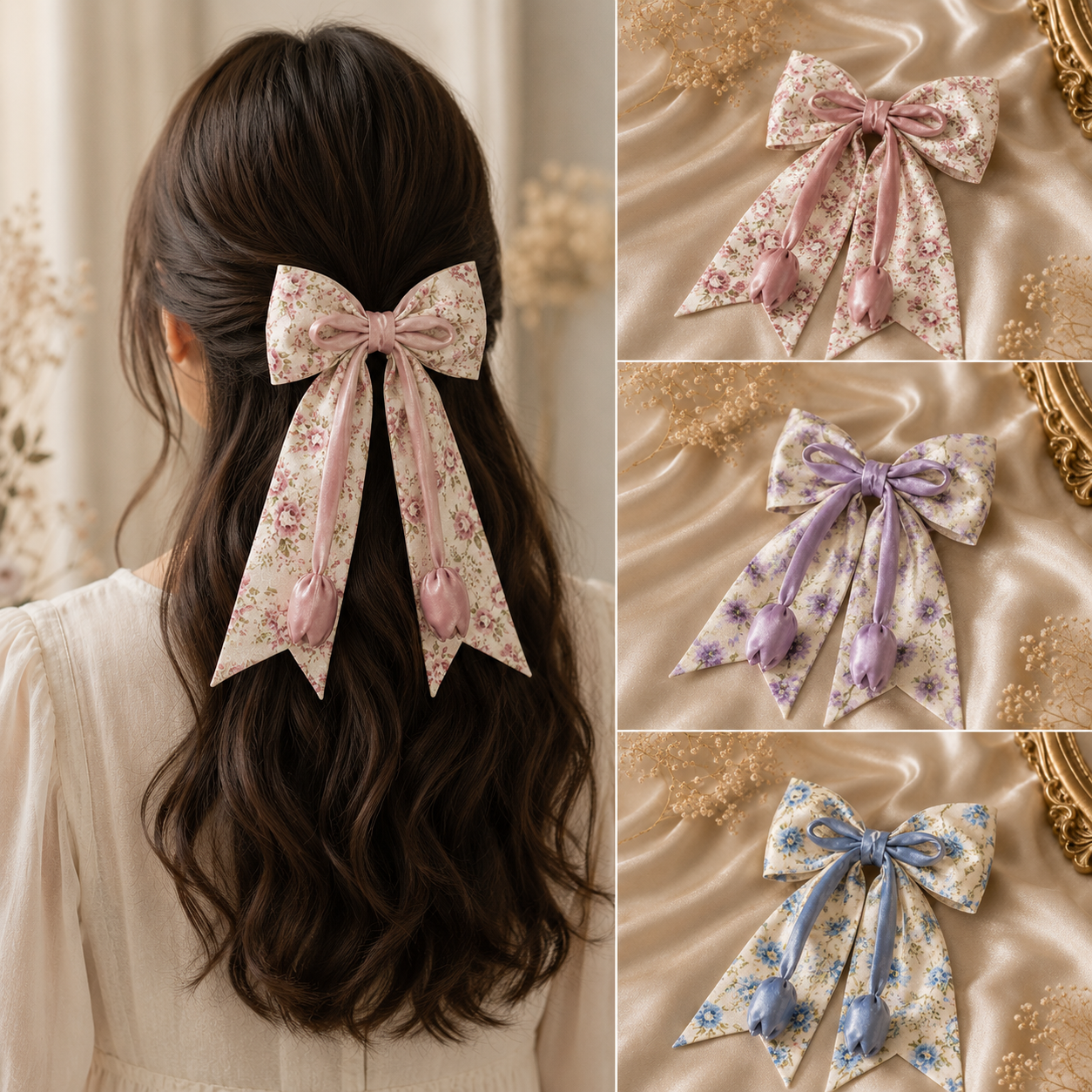 Printed Silk Floral Hair Bow with Tulip Tassel