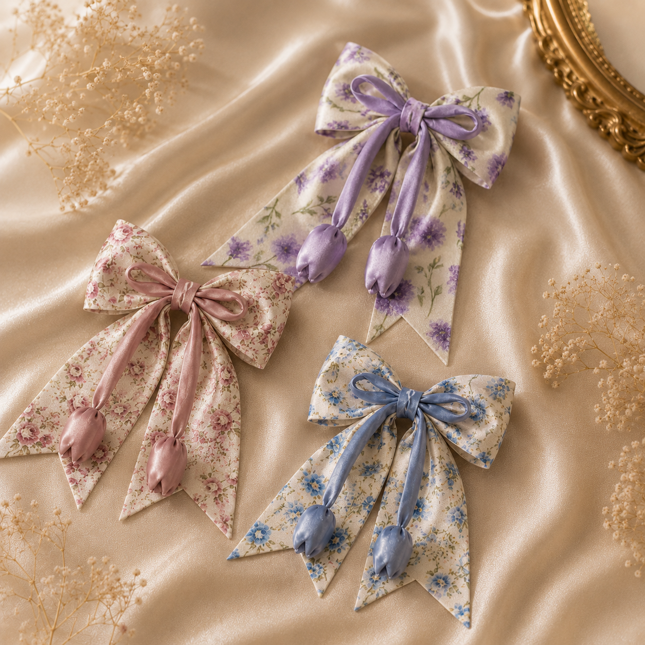 Printed Silk Floral Hair Bow with Tulip Tassel - Image 4