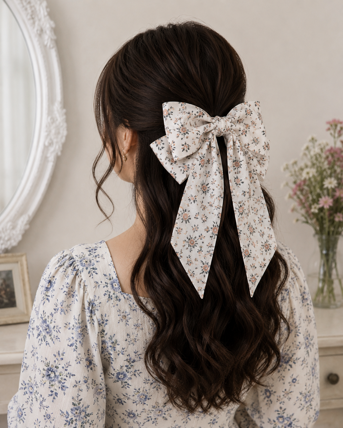 Vintage Floral Printed Cotton Hair Bow Clip - Image 2