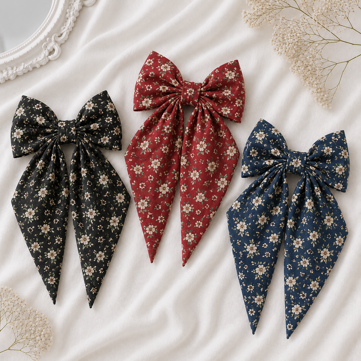 Vintage Floral Printed Cotton Hair Bow Clip
