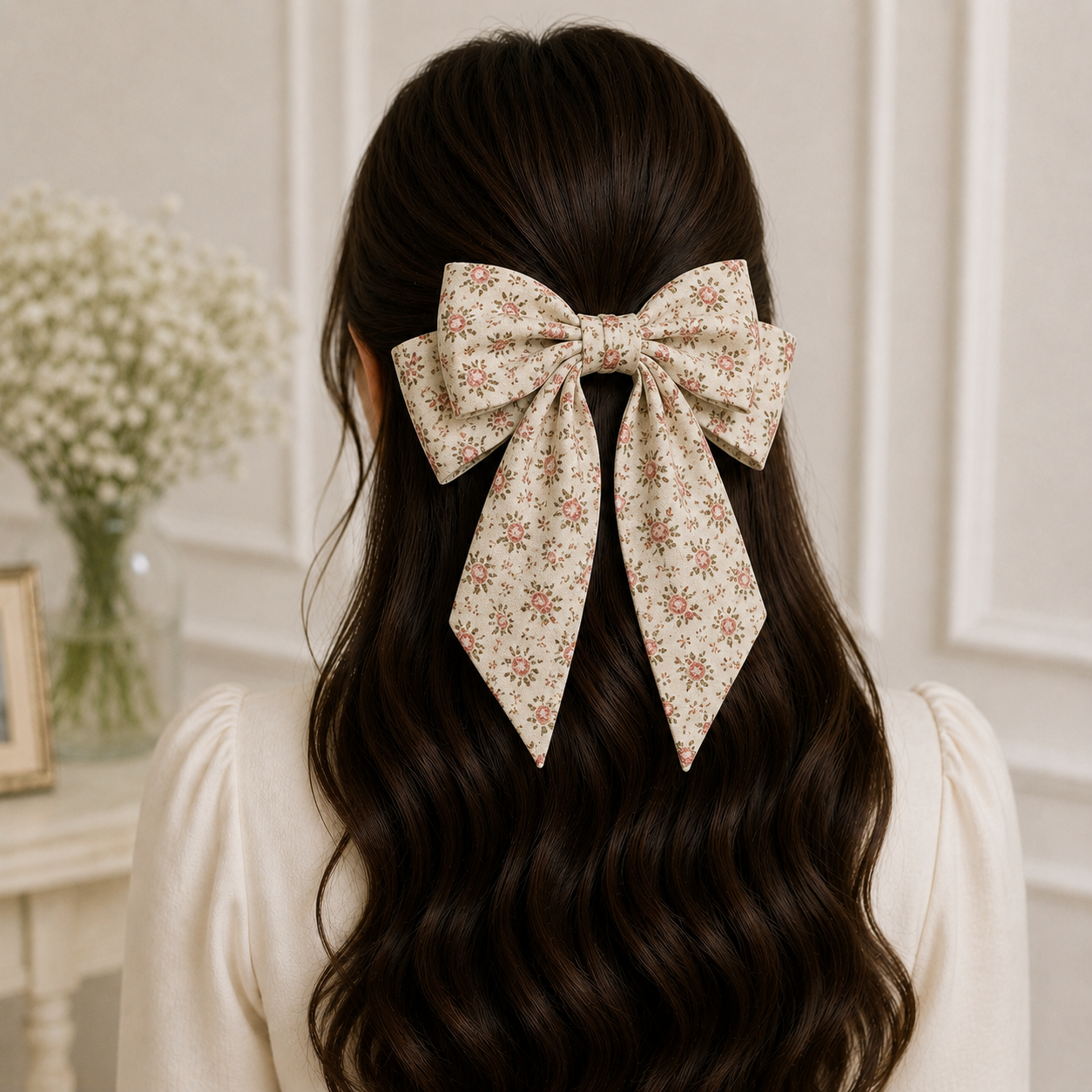 Vintage Floral Printed Cotton Hair Bow Clip - Image 4