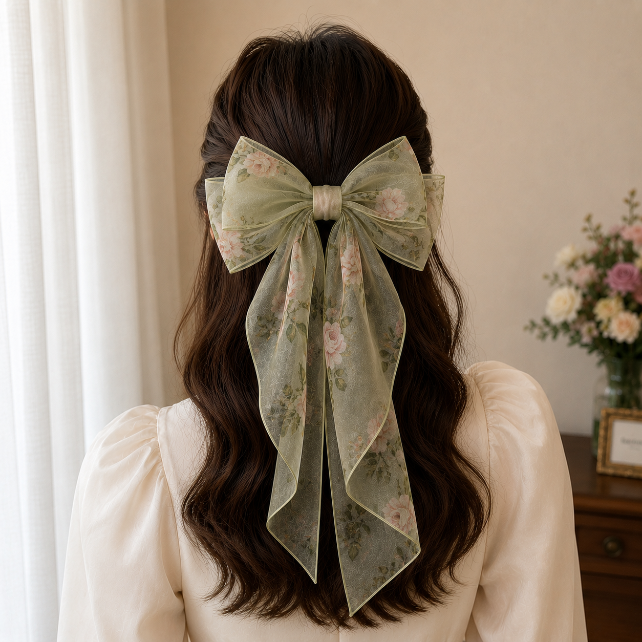 Printed Organza Hair Bow Clip - Image 3