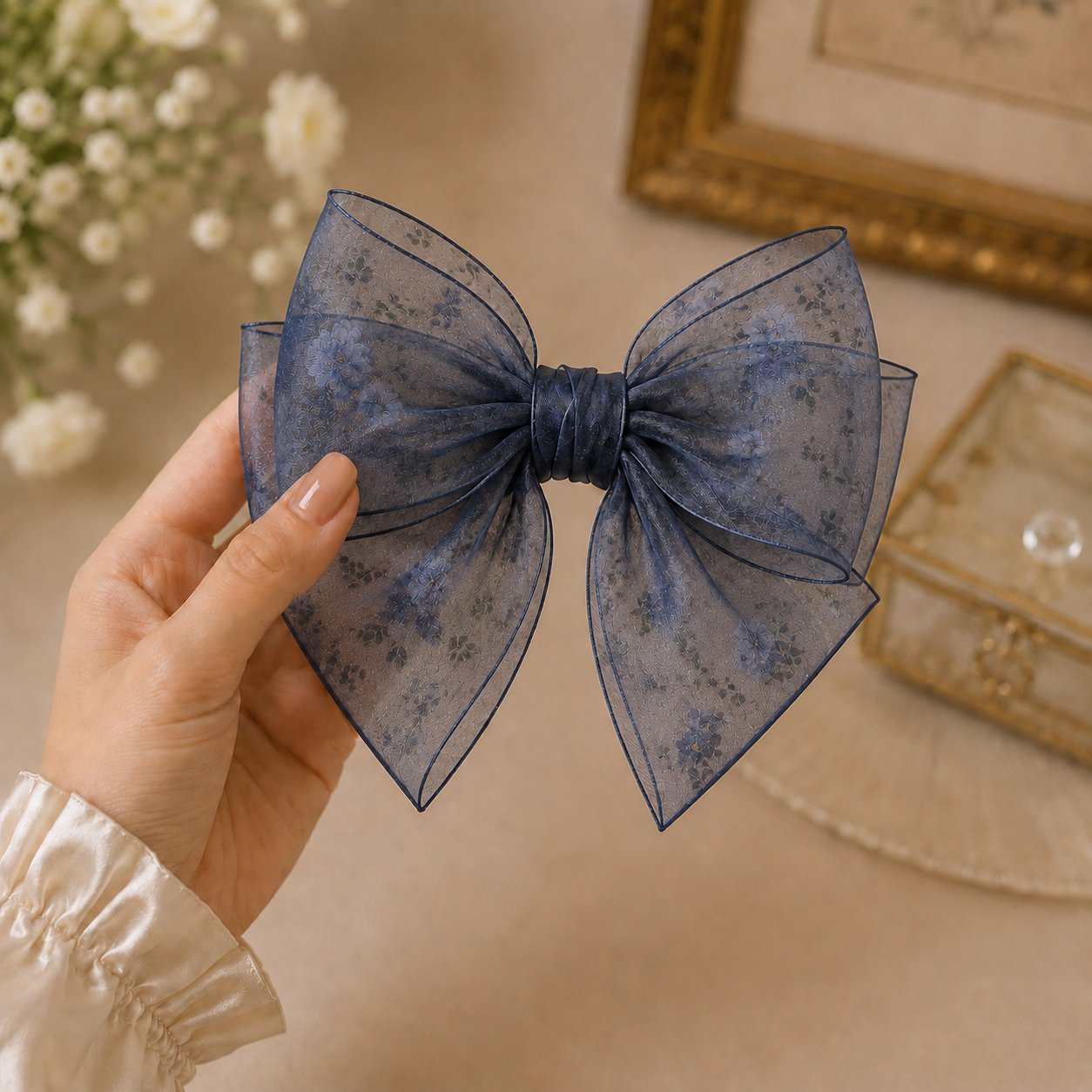 Printed Organza Hair Bow Clip for Women & Girls - Image 3