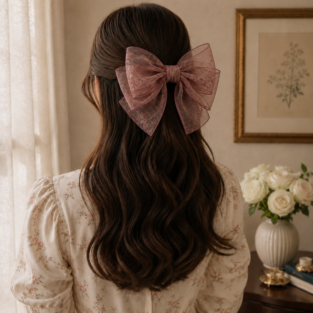 Printed Organza Hair Bow Clip for Women & Girls