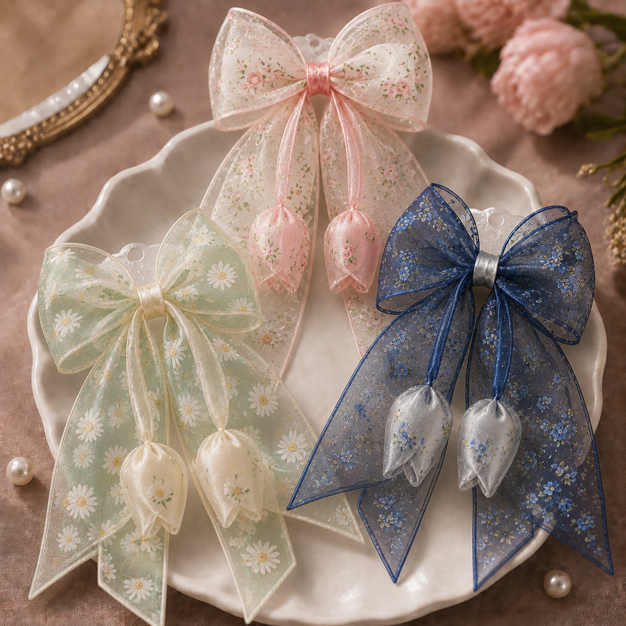 Premium Printed Organza Floral Hair Bow Clip with Tulip Tassels