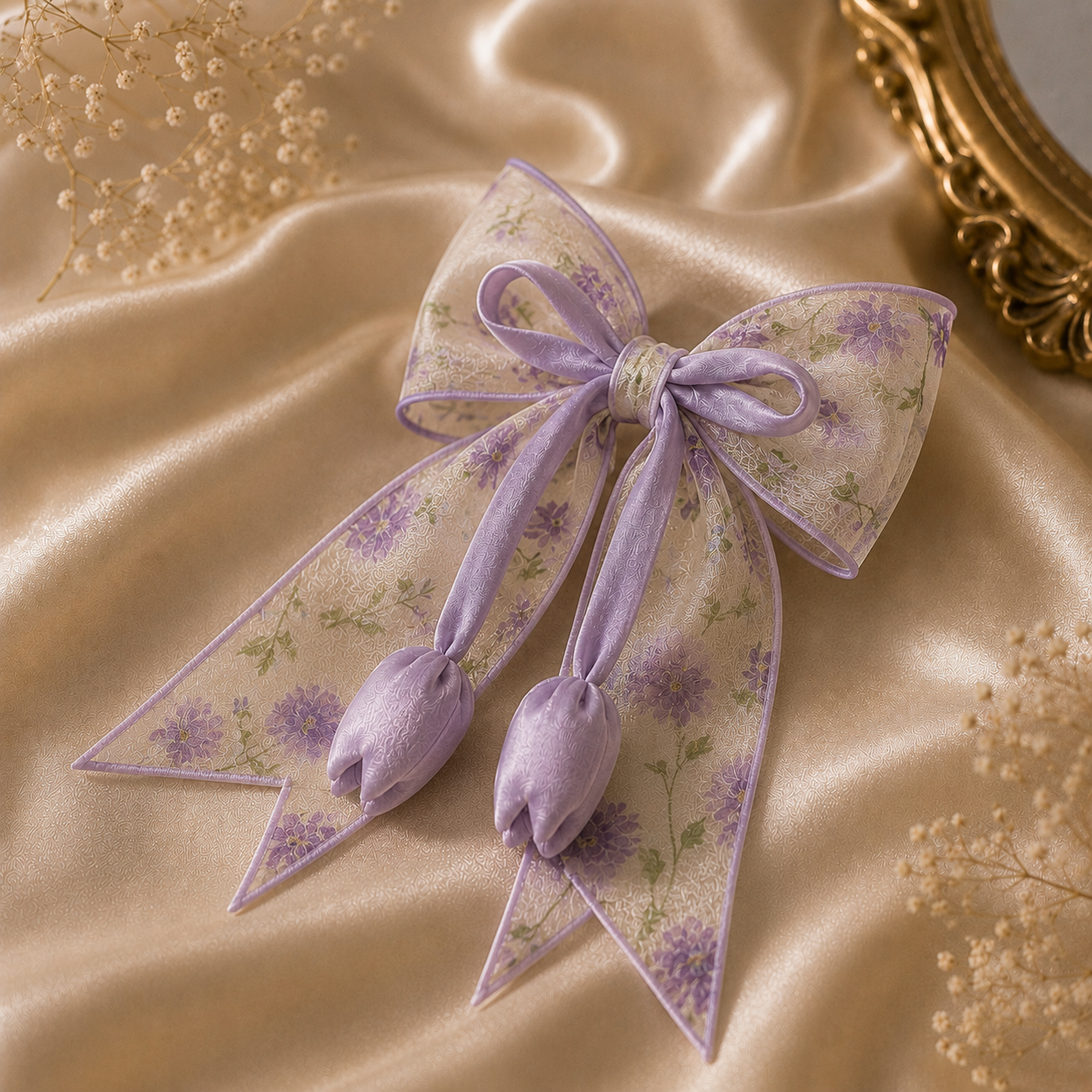 Premium Printed Organza Floral Hair Bow Clip with Tulip Tassels - Image 2