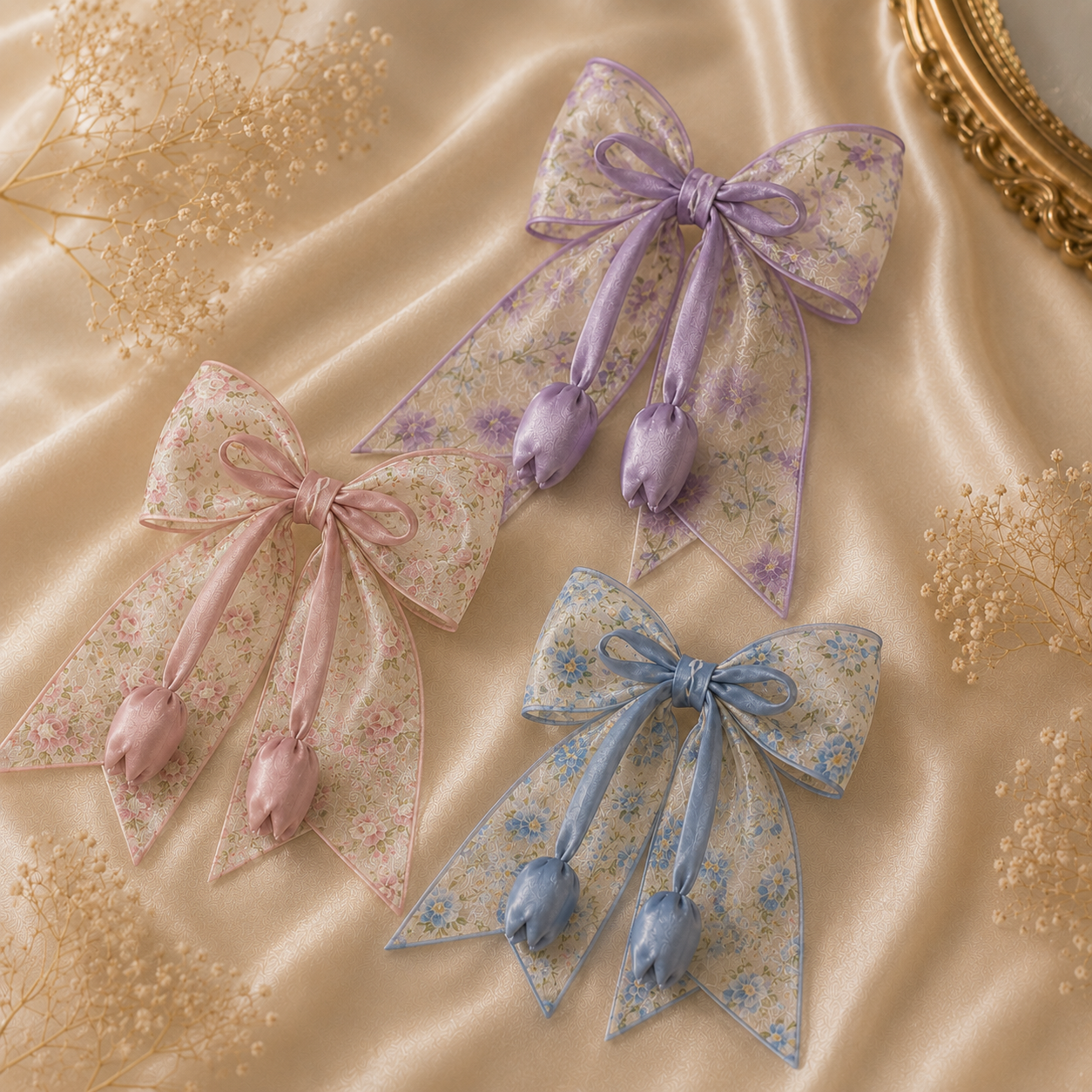 Premium Printed Organza Floral Hair Bow Clip with Tulip Tassels - Image 3
