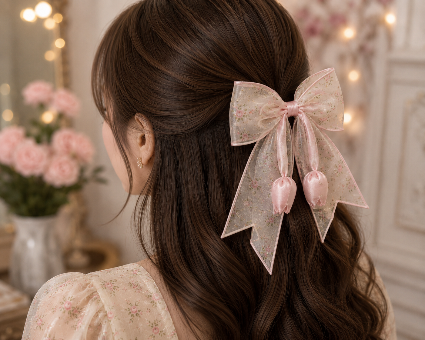Premium Printed Organza Floral Hair Bow Clip with Tulip Tassels - Image 4