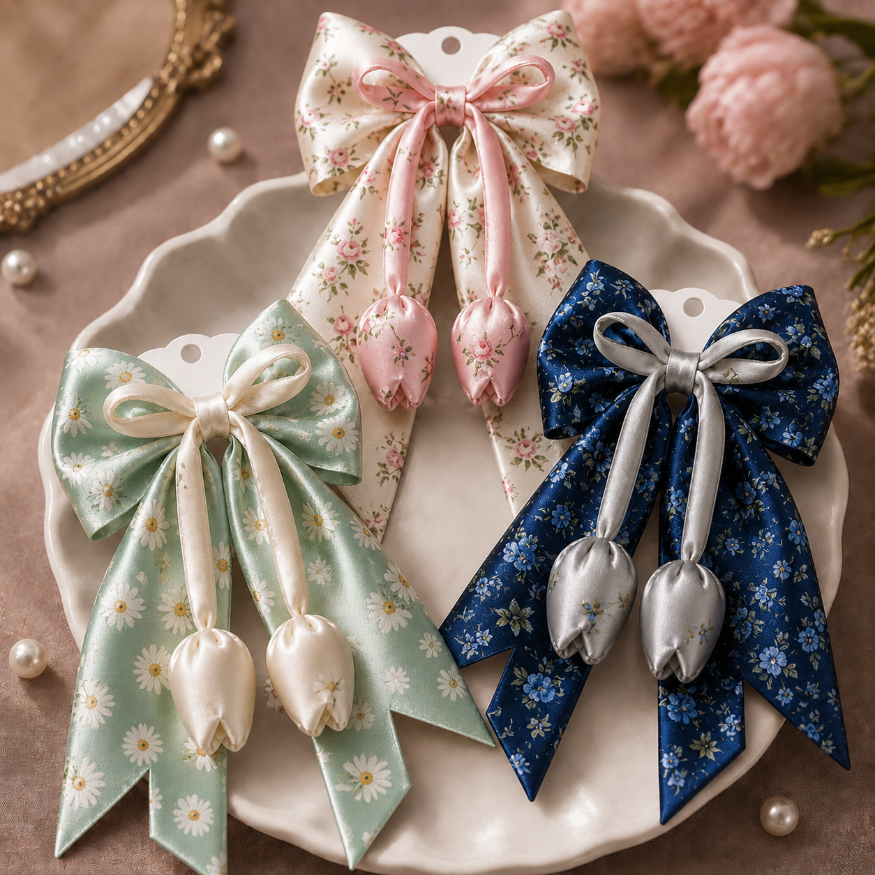 Printed Satin Tulip Hair Bow Clip
