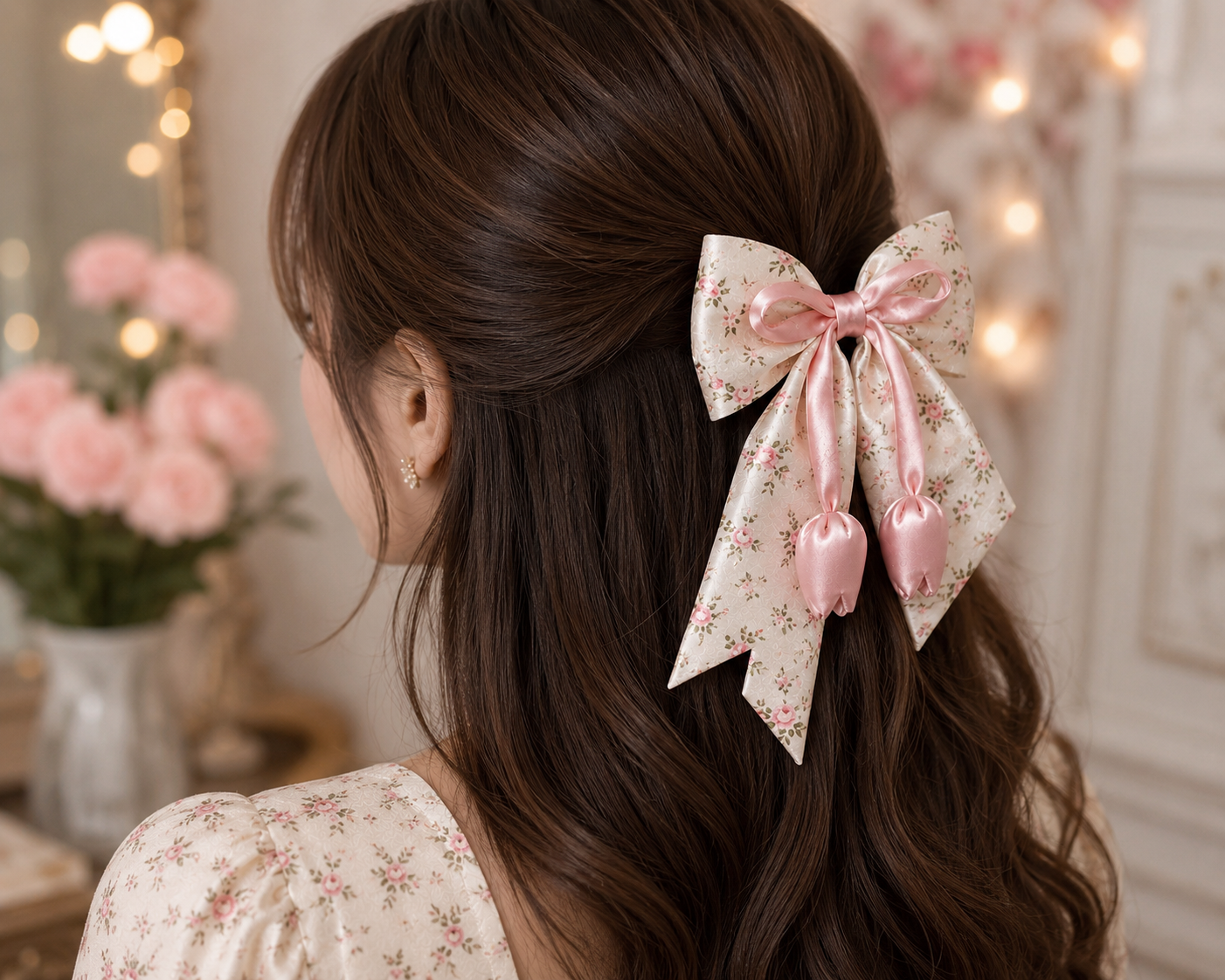 Printed Satin Tulip Hair Bow Clip - Image 2