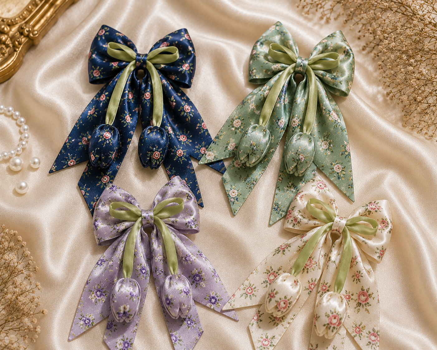 Printed Satin Tulip Hair Bow Clip - Image 3
