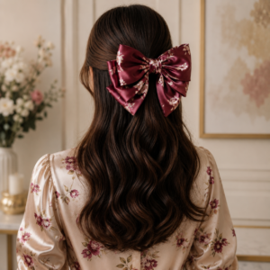 Printed Silk Floral Hair Bow Clip for Women & Girls