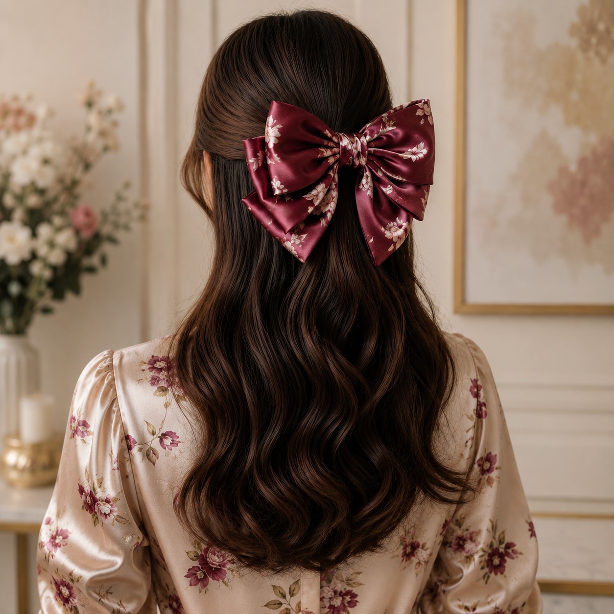 Printed Silk Floral Hair Bow Clip for Women & Girls