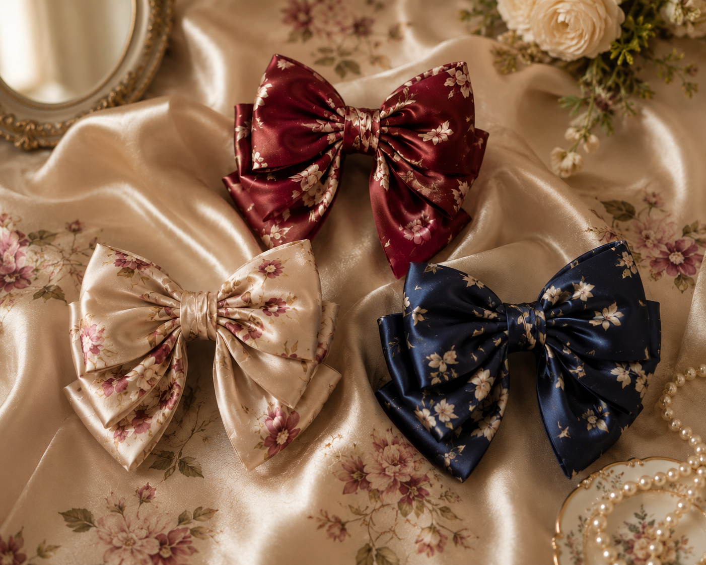 Printed Silk Floral Hair Bow Clip for Women & Girls - Image 2