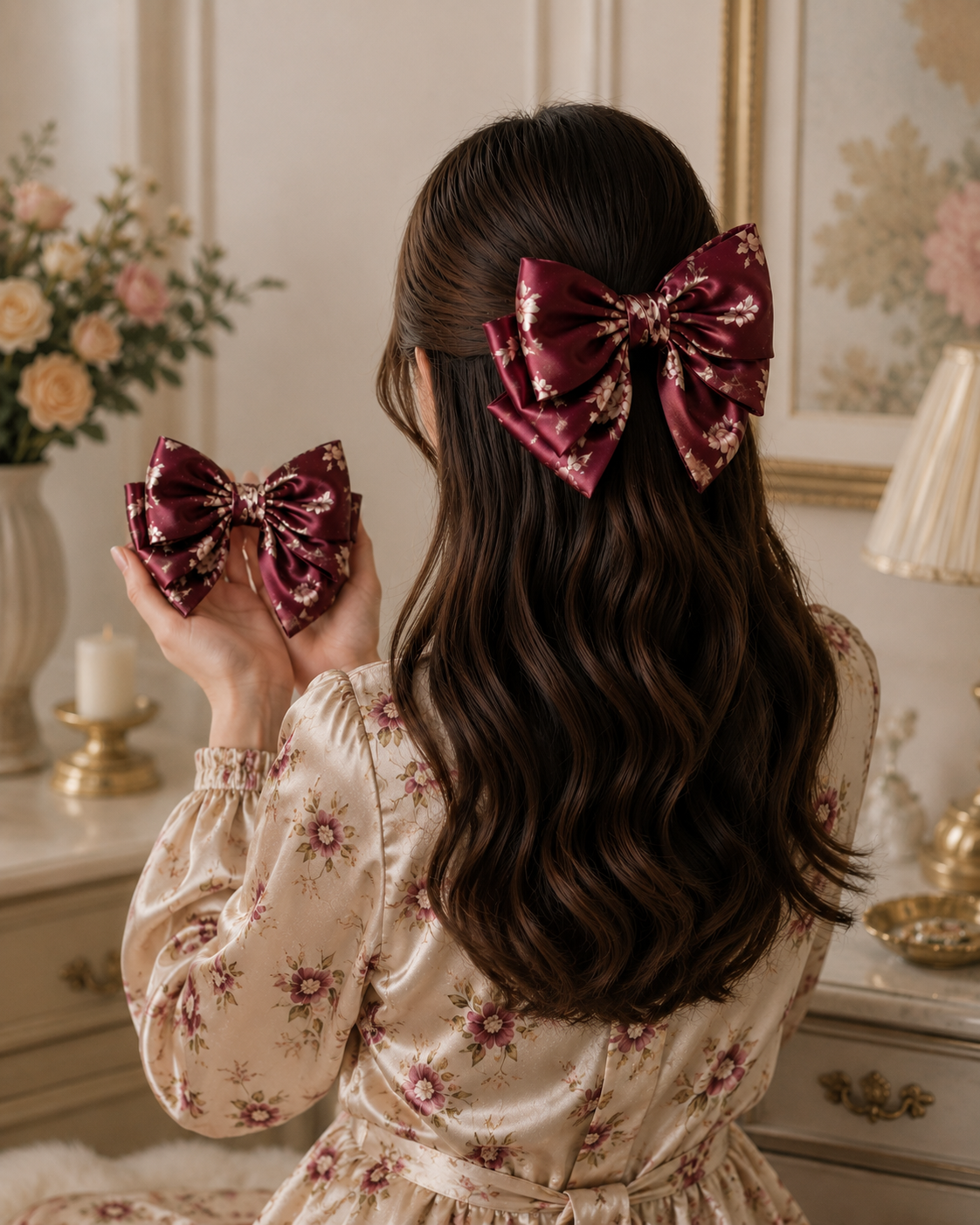Printed Silk Floral Hair Bow Clip for Women & Girls - Image 3