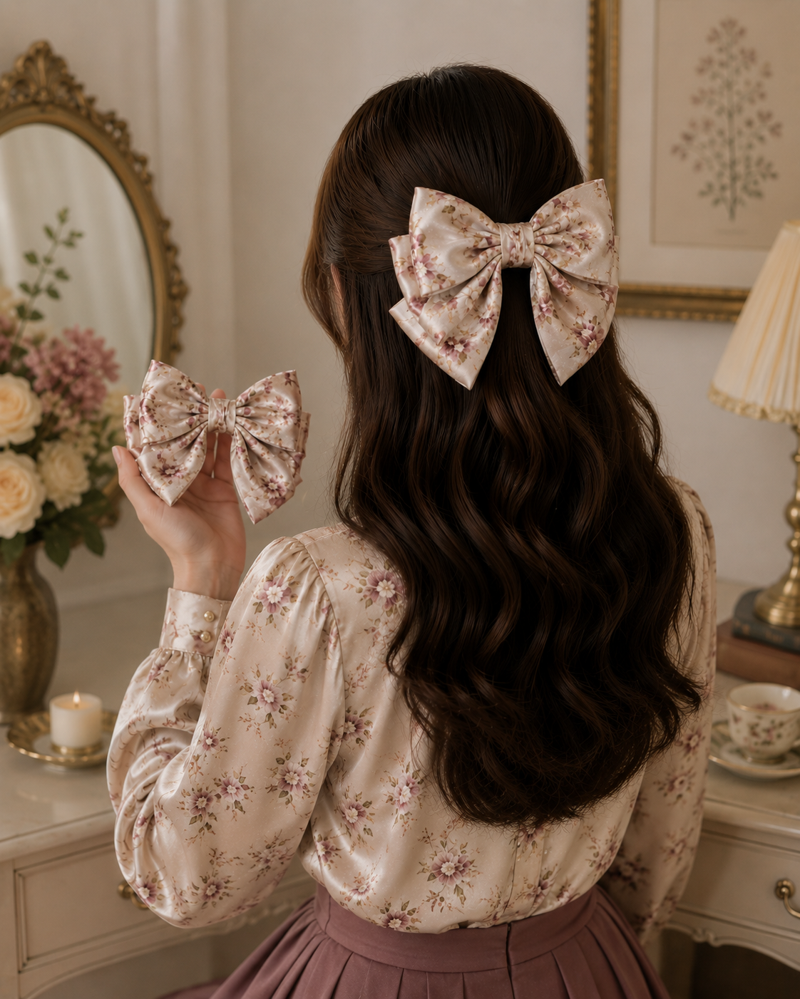 Printed Silk Floral Hair Bow Clip for Women & Girls - Image 4
