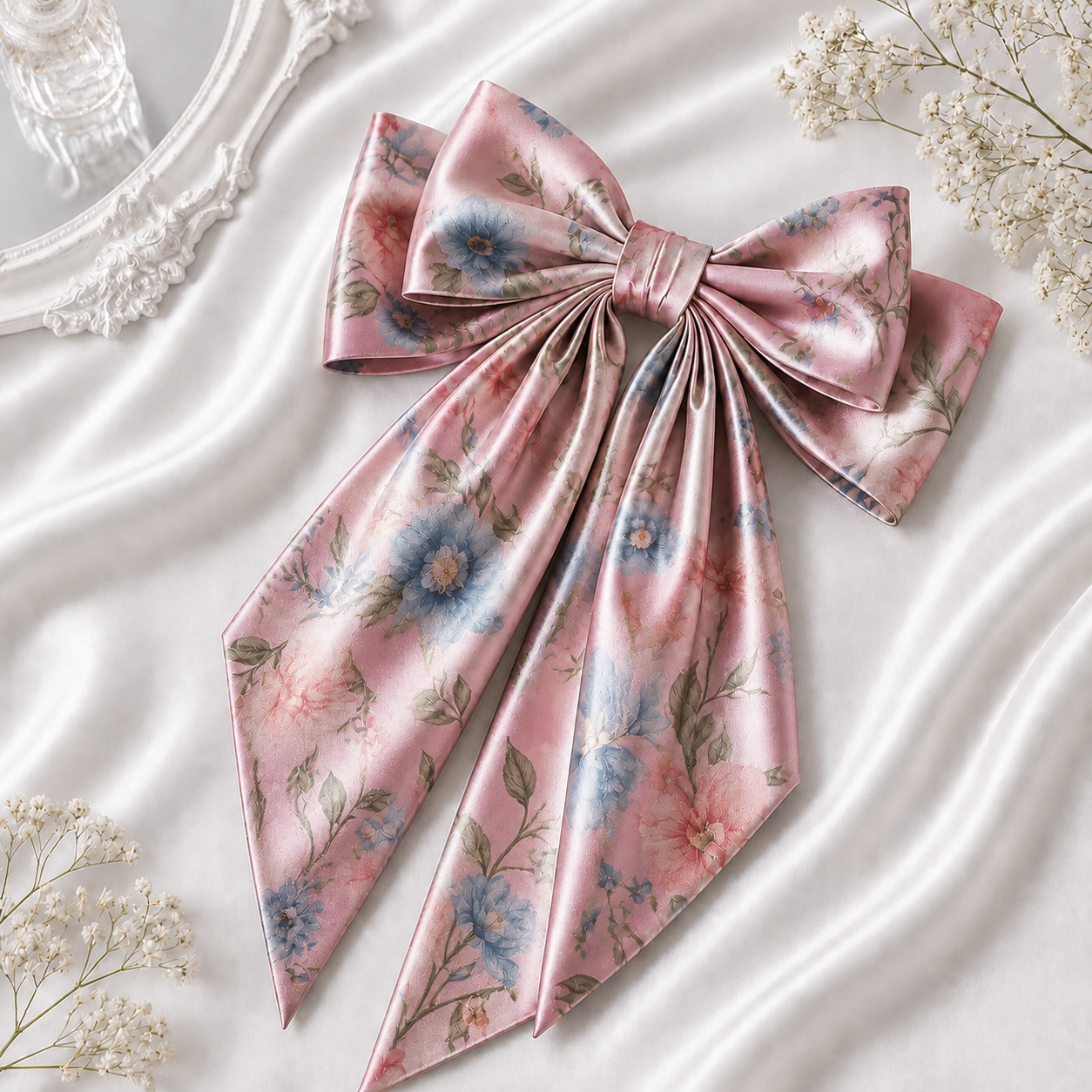 Printed Satin Floral Hair Bow with Long Tail - Image 2