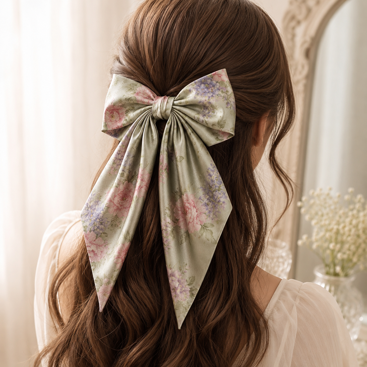 Printed Satin Floral Hair Bow with Long Tail