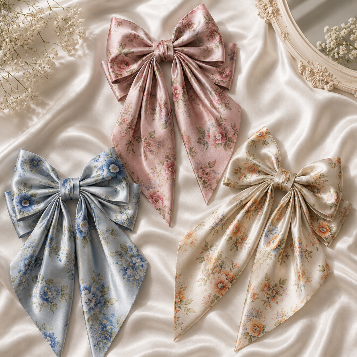 Printed Satin Floral Hair Bow with Long Tail - Image 3