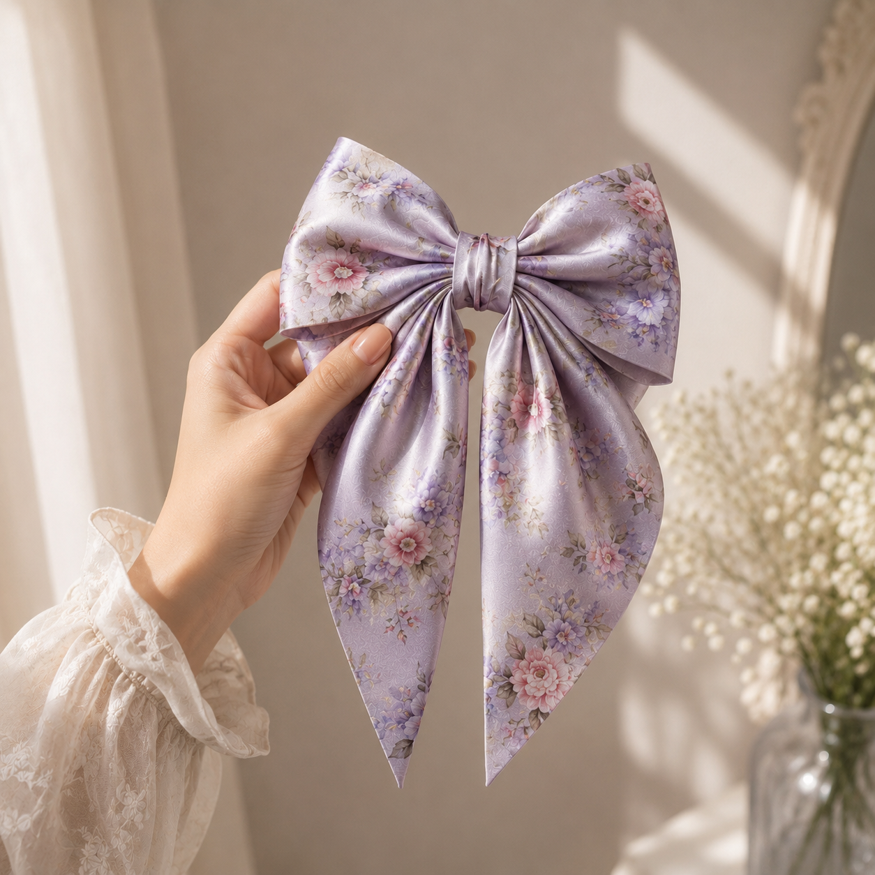 Printed Satin Floral Hair Bow with Long Tail - Image 4