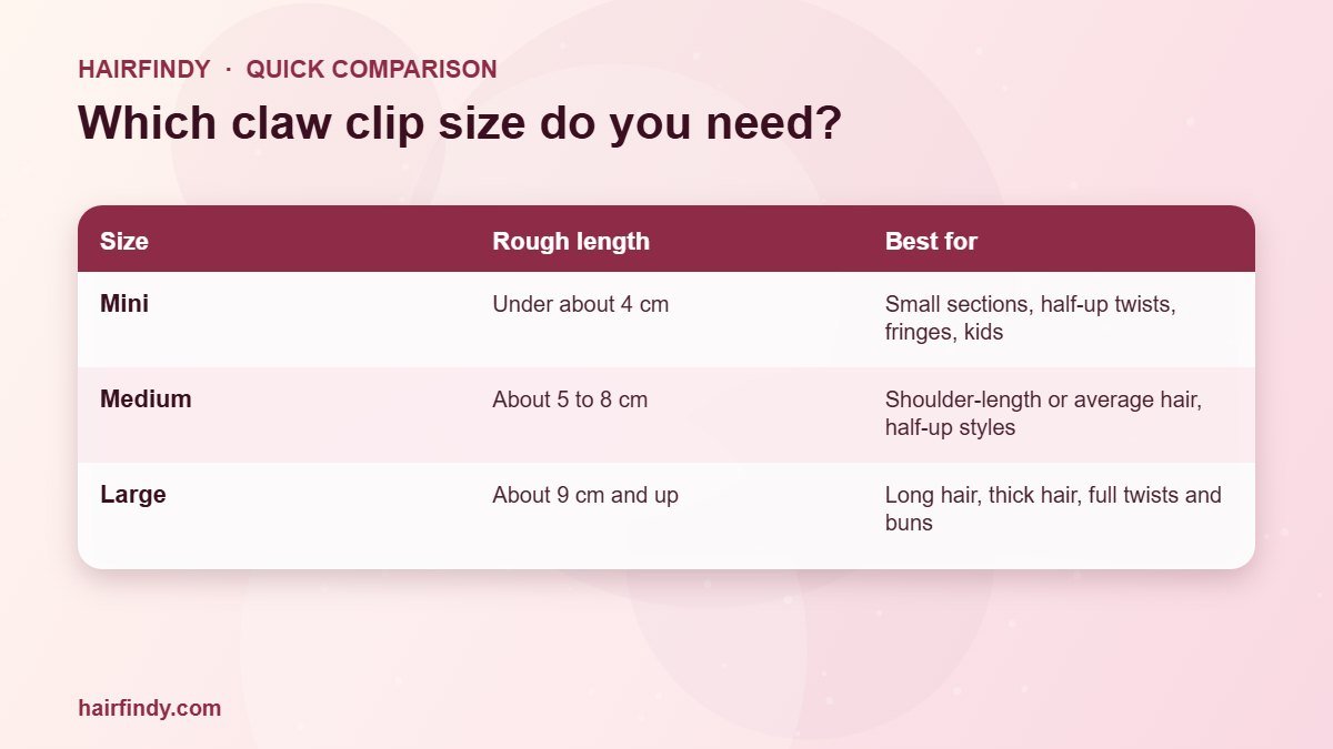 Claw clip size chart showing mini, medium and large clips
