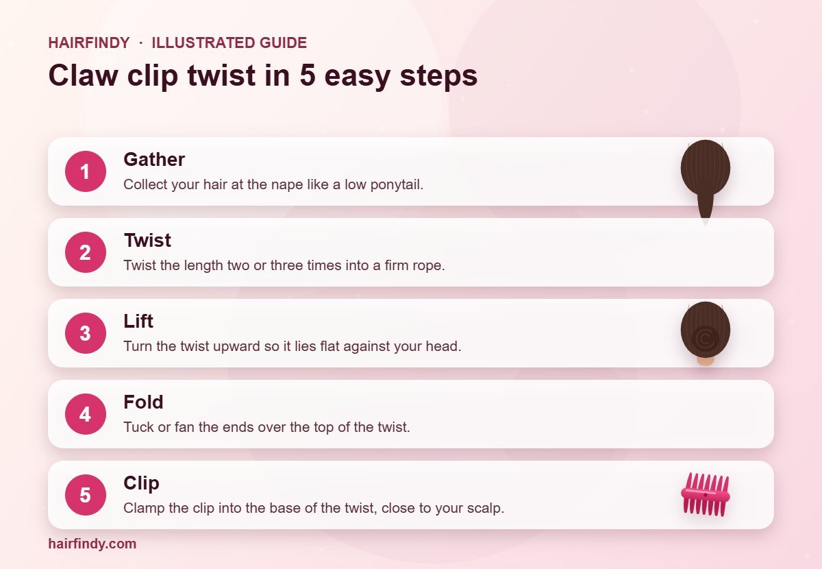 How to Put Your Hair in a Claw Clip: Step-by-Step for Every Hair Length 1 Five illustrated steps for putting hair in a claw clip