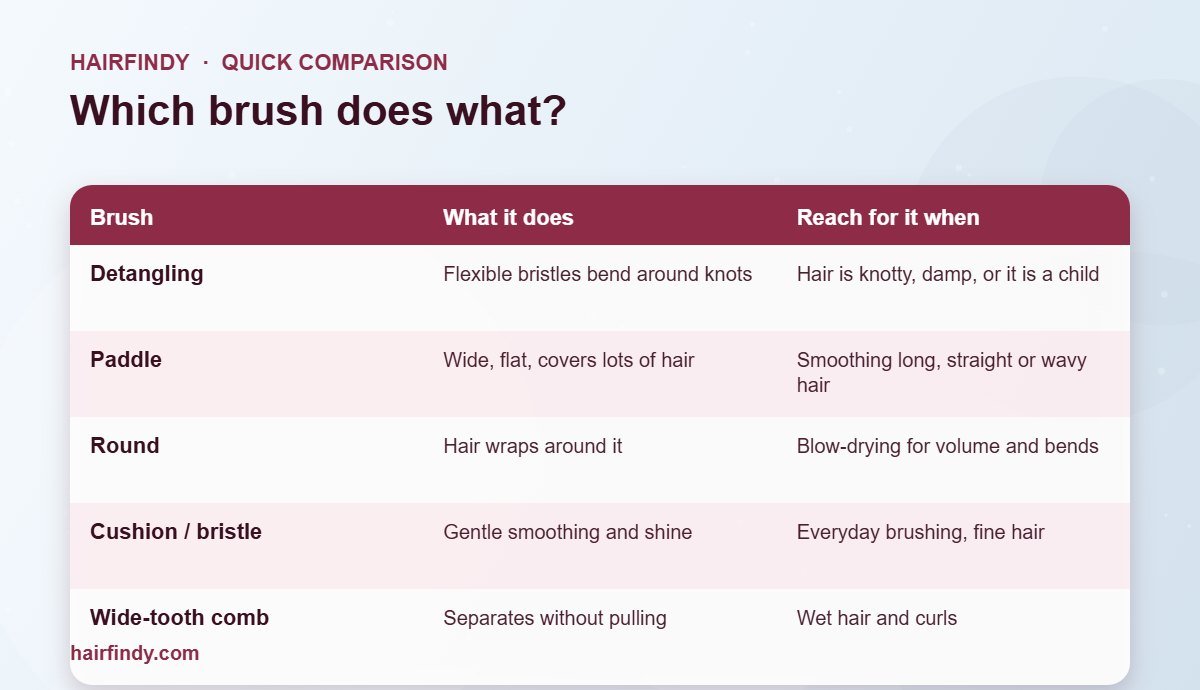 Chart comparing detangling, paddle, round and cushion brushes with a wide-tooth comb