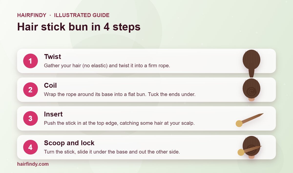 Four illustrated steps for making a bun with a hair stick