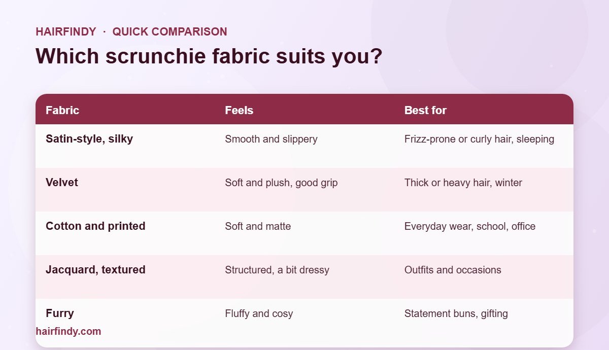 Chart comparing scrunchie fabrics: satin, velvet, cotton, jacquard and furry